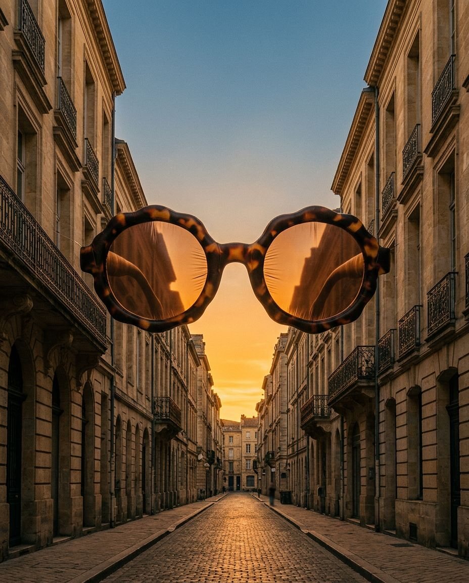 Monture suspendue dans une perspective de rue bordelaise