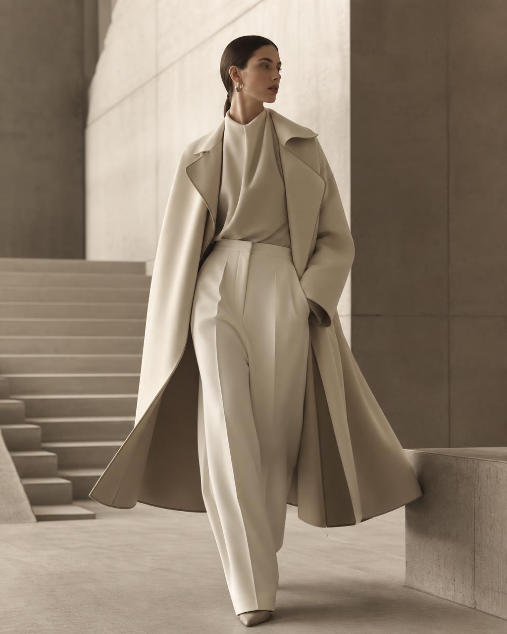 Campagne luxe minimaliste, silhouette dans un manteau architectural crème sous lumière diffuse