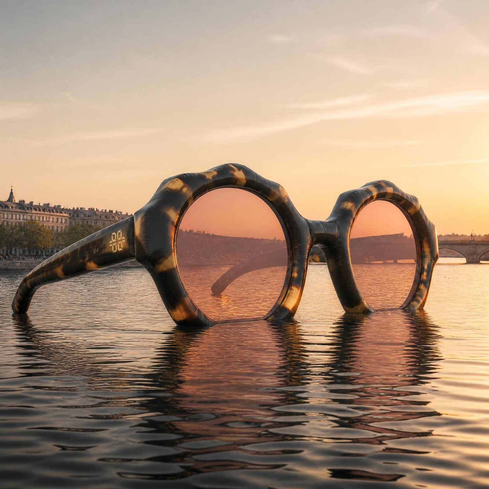 Lunettes géantes flottant sur la Garonne au coucher de soleil