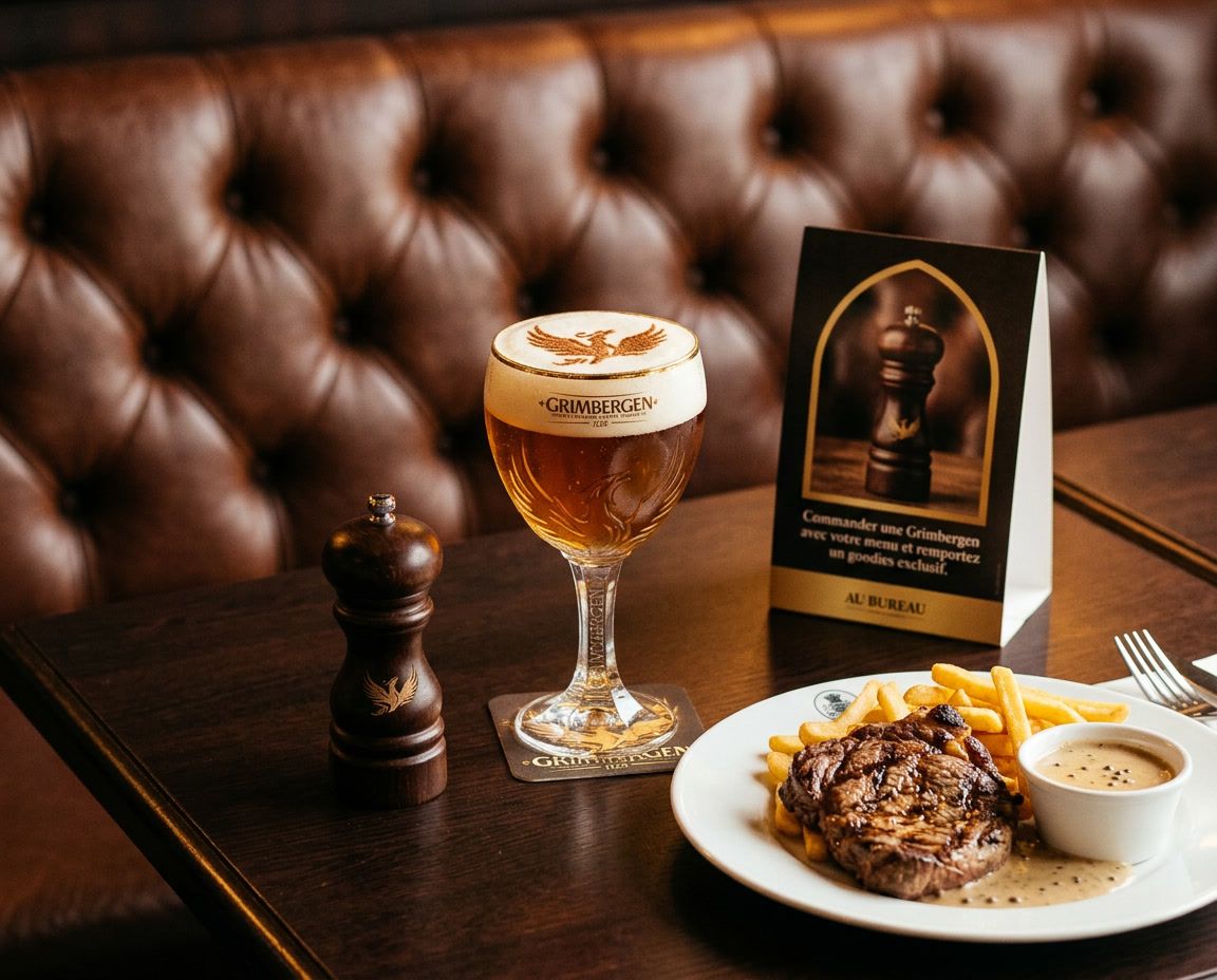 Table dressée — plat, bière, PLV dans un même cadre
