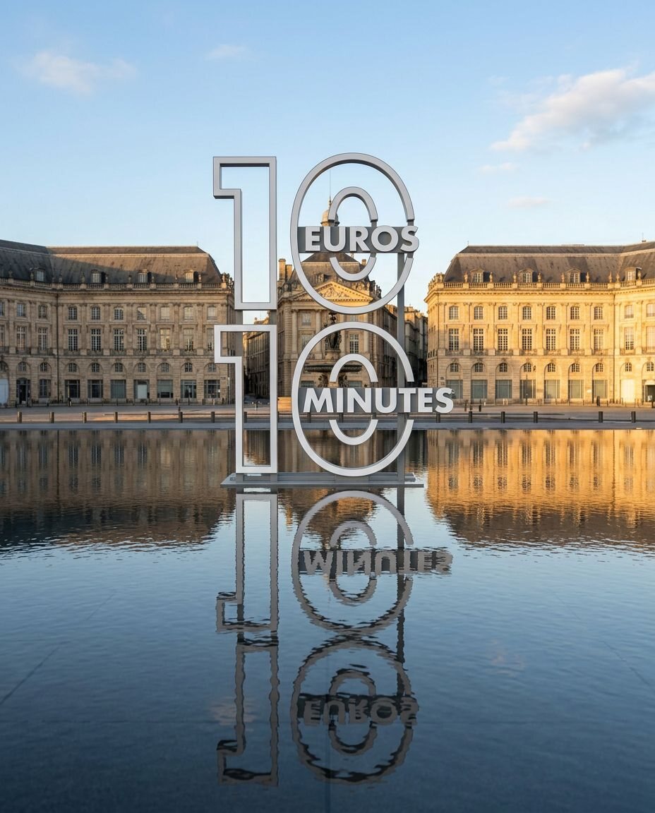 Reveal « 10€ / 10 minutes » écrit dans le reflet du miroir d'eau