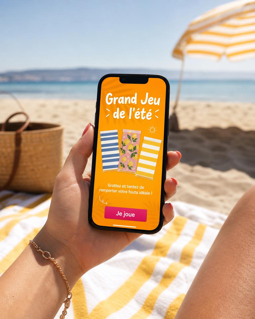 Mise en situation mobile — le jeu joué sur la plage, en pleine saison