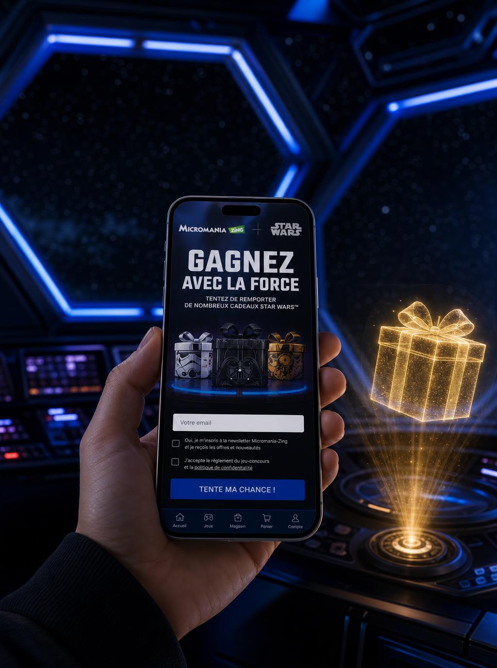 Mise en situation mobile — interface de campagne dans l'univers cockpit Star Wars